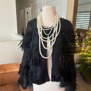 Stylish Black Feathery Fringe Women's Poncho